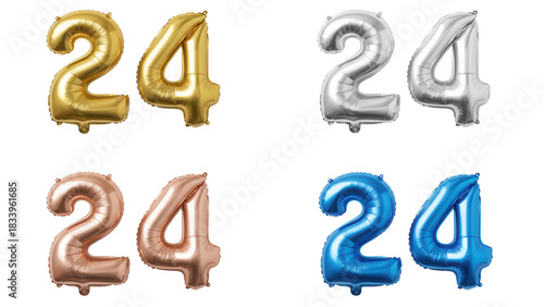 Golden silver rose blue number 24 balloons isolated on transparent background