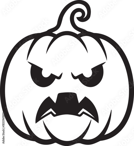 A black and white outline drawing of a carved pumpkin with an angry, menacing face and sharp teeth, perfect for Halloween.