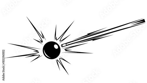 A black sphere with radiating lines suggesting an explosion or impact, connected to a thin line.