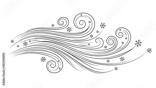 Stylized illustration of swirling wind with scattered snowflakes, depicting a cold winter breeze.