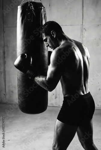 Wallpaper Mural Man with Boxing Gloves Hitting Punching Bag, Black and White Torontodigital.ca
