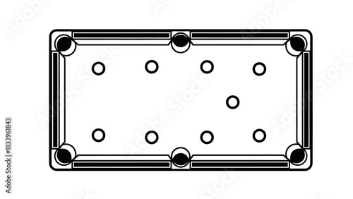 Top-down outline drawing of a billiard or pool table with multiple balls scattered across its surface, featuring six pockets.