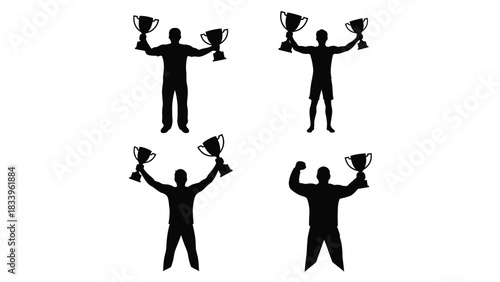 Silhouettes of victorious people celebrating success, holding two trophies, symbolizing achievement and triumph