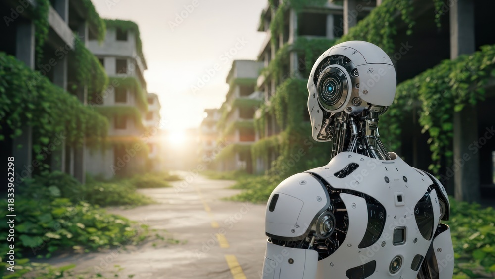 Fototapeta premium AI robot observes a desolate, vine-covered ruined city street at a glowing sunrise