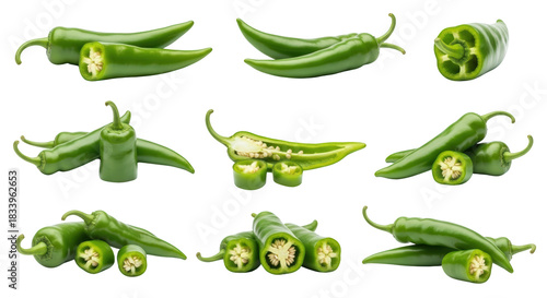Detailed representation of collection of fresh green chili peppers whole and sliced isolated on white background