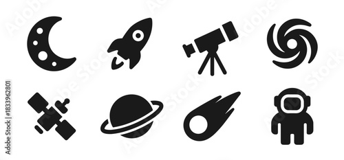 Space icon collection in black featuring moon, rocket, telescope, galaxy, satellite, planet, comet, and astronaut