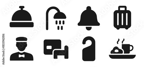 Hotel service icon collection in black featuring bell, shower, bell alert, suitcase, porter, room key, door hanger, and breakfast tray