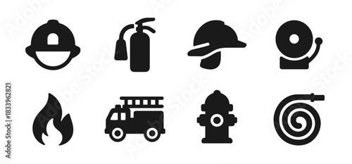 Firefighting icon collection in black. Set includes firefighter helmet, fire extinguisher, safety helmet, alarm bell, flame, fire truck, hydrant, and fire hose
