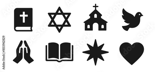 Religion icon collection in black. Includes Bible, Star of David, church, dove, praying hands, open book, eight-point star and heart