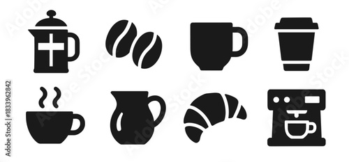 Coffee and cafe icon collection in black. Includes french press, coffee beans, mug, takeaway cup, hot cup, milk jug, croissant and coffee machine