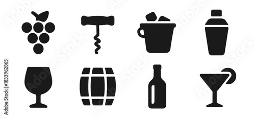 Wine and bar icon collection in black featuring grapes, corkscrew, ice bucket, shaker, wine glass, barrel, bottle, and cocktail glass