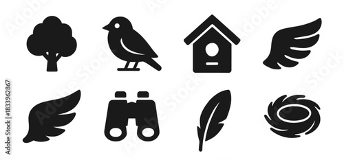 Birdwatching icon collection in black. Set includes tree, bird, birdhouse, wing, second wing, binoculars, feather, and nest