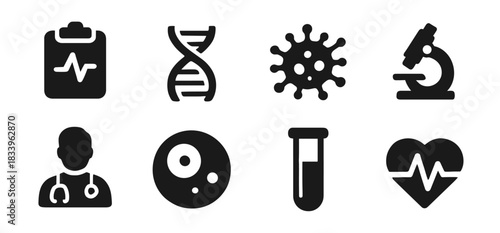 Medical icon collection in black featuring medical clipboard, dna structure, virus symbol, microscope, doctor, bacteria cell, test tube and heart pulse