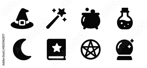 Witchcraft icon collection in black featuring witch hat, magic wand, cauldron, potion bottle, moon, spell book, pentagram and crystal ball