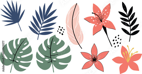 Vibrant abstract tropical foliage and floral elements with organic shapes and textures on a white background