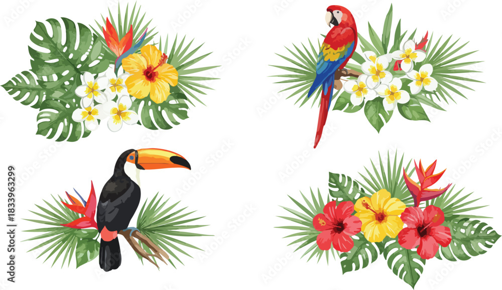 Obraz premium Vibrant tropical bird and flower arrangements featuring a scarlet macaw and a toucan surrounded by lush greenery and exotic blooms