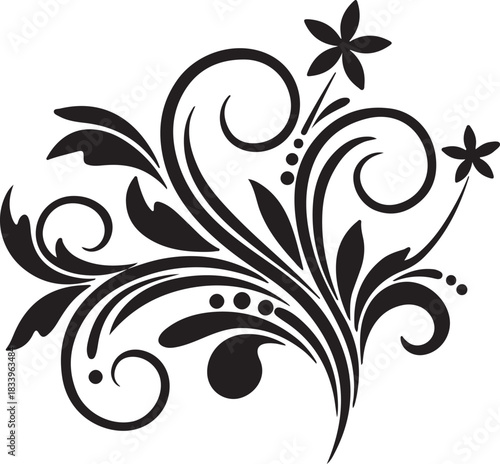 Elegant black flourish swirls and flowers decorative design element on white background