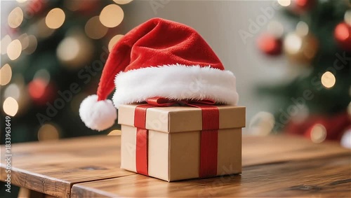 Red Christmas gift box wrapped with cream ribbon and Santa Claus hat on rustic wooden table with decorated tree bokeh lights background
