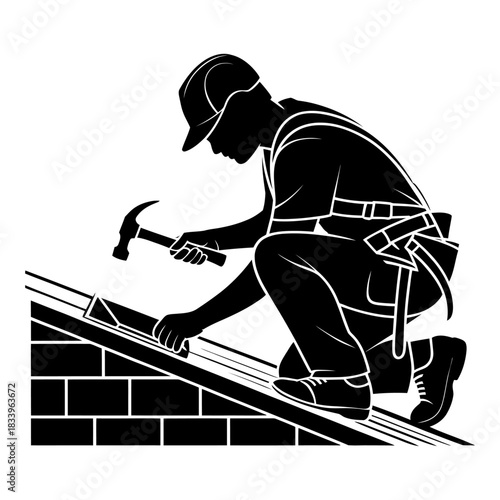 roof worker silhouette installing shingles on sloped roof with hammer and safety gear illustration