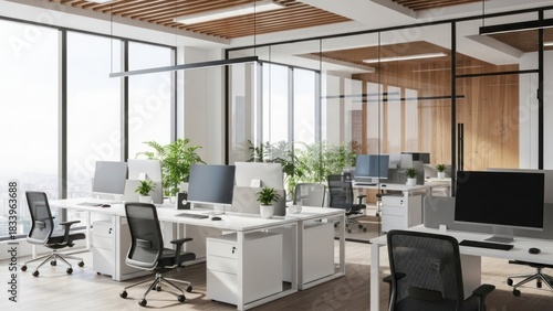 Wallpaper Mural Bright, modern open-plan office with many empty computer workstations and city views Torontodigital.ca