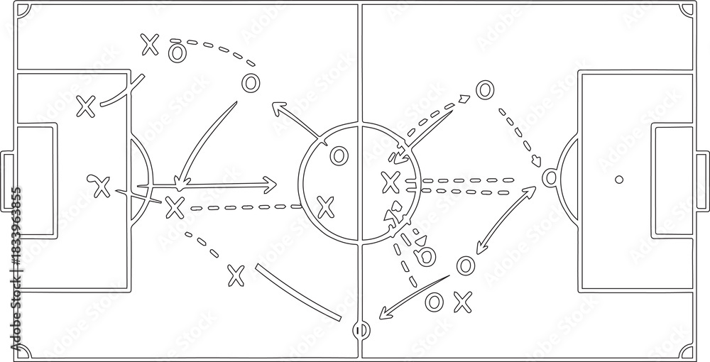 Obraz premium Soccer field layout showcasing strategic player positioning and movement, highlighting offensive and defensive tactics for effective gameplay and team coordination
