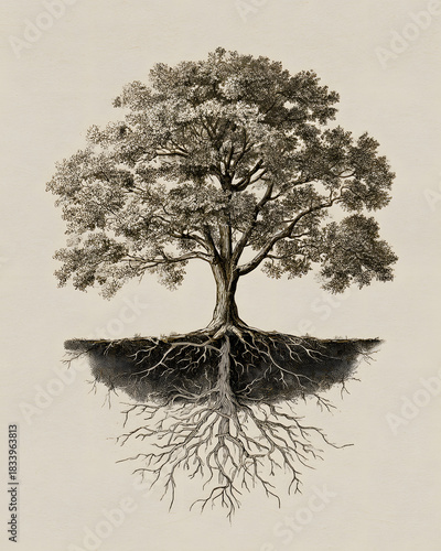 Detailed tree with visible roots, symbolizing a genealogy tree, elegant and artistic, perfect for family history visualization.