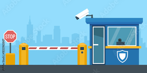 Automated security checkpoint with boom barrier and surveillance camera guarding access to the city complex and protecting the infrastructure