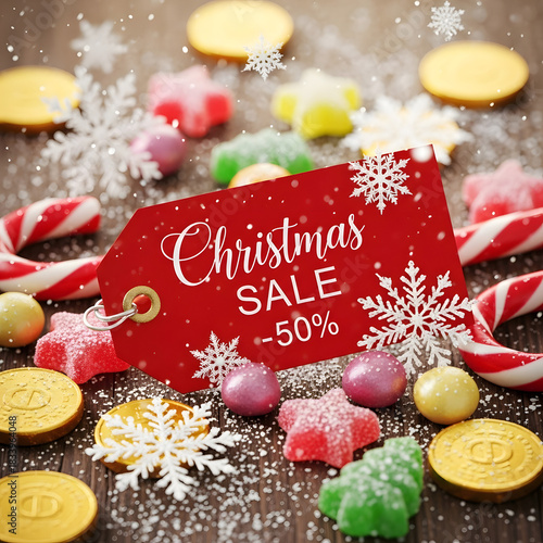 Rustic Christmas Sale 50% Off Tag with Gumdrops and Gold Chocolate Coins
