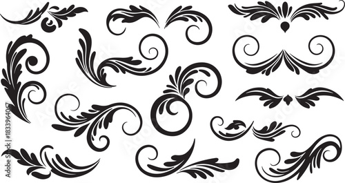 Elegant black flourishes and swirls collection of decorative ornate vintage design elements for graphic design projects