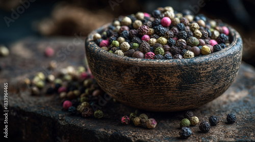 Fototapeta Naklejka Na Ścianę i Meble -  Mixed peppercorns in rustic bowl on dark kitchen table, bold spice background