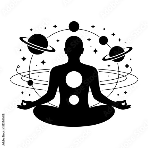 meditation silhouette with cosmic planets and energy centers symbolizing universe connection and inner balance