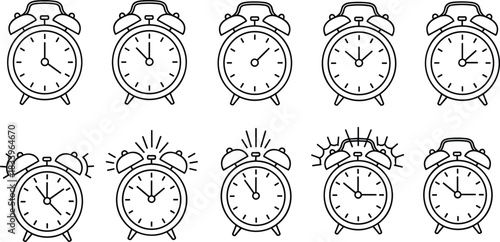Alarm clock icon set, vintage wake up timer illustration, ringing bells alert symbol, morning time reminder graphic design for punctuality concept