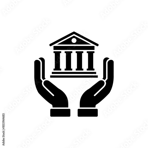 Bank icon in hands representing financial protection and security for investments and assets with government style building
