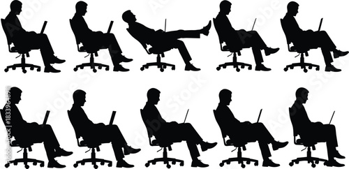 Businessman working on laptop silhouette, office chair posture set, remote work concept, corporate employee sitting positions, productivity illustration vector design