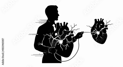 Man's silhouette connecting to a beating heart with electrical impulses