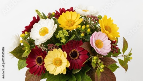 Close-up of a vibrant mixed bouquet featuring colorful daisies and lush green foliage