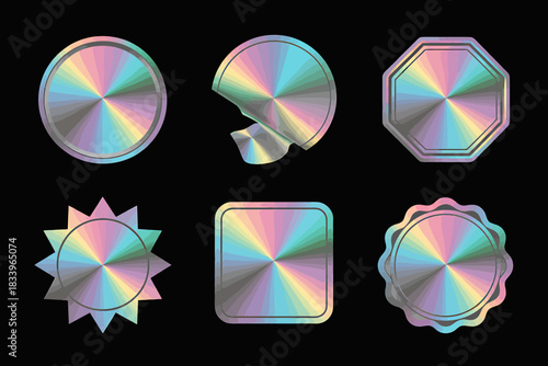 Collection of Holographic Style Geometric Shapes Stickers with Circular Pattern on Black Background Ideal for Decoration