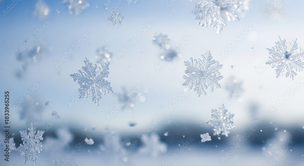 Naklejka premium Close-up of many delicate, crystalline snowflakes floating against a soft blue winter sky
