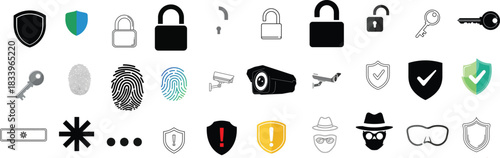 Security and protection icons A comprehensive collection of shields, locks, keys, and surveillance camera elements