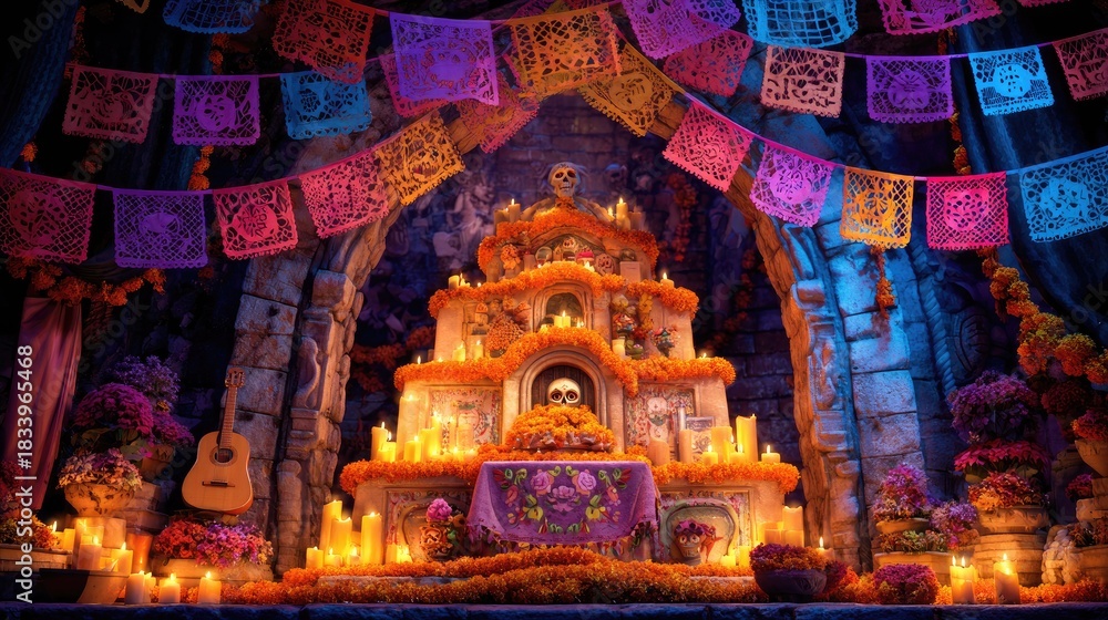 Fototapeta premium Festive altar display with candles and decorations celebrating a cultural tradition