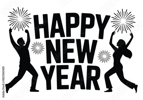  Happy new year celebration with silhouettes and fireworks vector illustration