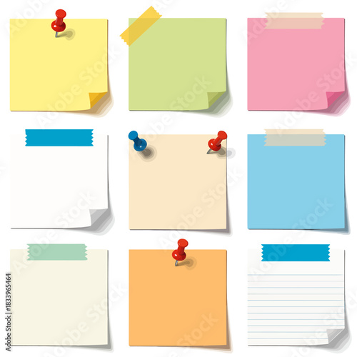 Collection of Colorful Note Papers with Pins and Tape for Reminders and Office Organization