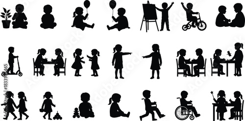 Kids playing together, children learning activities, childhood silhouettes, friendship and creativity, inclusive education, fun outdoor playtime, preschool development and teamwork illustration