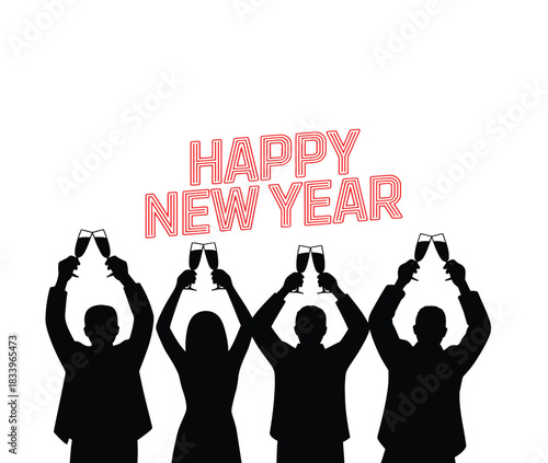 Silhouettes of people toasting champagne glasses celebrating a happy new year