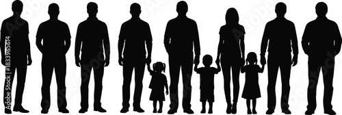 Large family group silhouette together, parents children generations standing in row, unity community concept illustration on white background, black figures