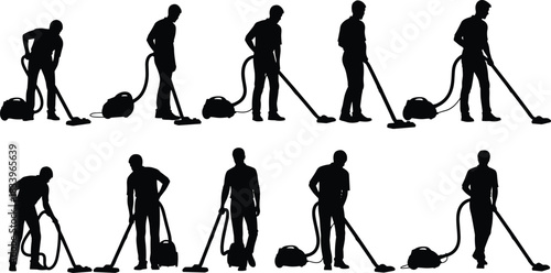 Man vacuuming floor silhouette set, house cleaning worker poses, vacuum cleaner equipment, home maintenance chores, domestic hygiene vector illustration