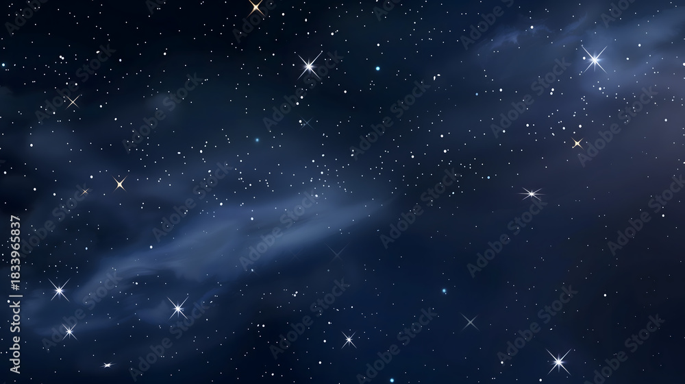 Naklejka premium An illustration of a dark blue night sky filled with numerous stars of various sizes and brightness. Light clouds partially obscure the background.