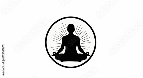 Silhouette of a person meditating peacefully in a circle with radiating light