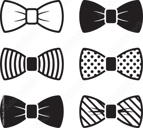 Six variations of monochrome bow tie appear on a transparent background elegantly