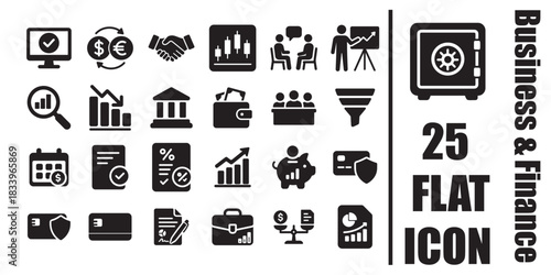 Business and finance flat black icon set of 25 glyphs with charts bank wallet calendar piggy bank credit card and secure payment for web and app design 